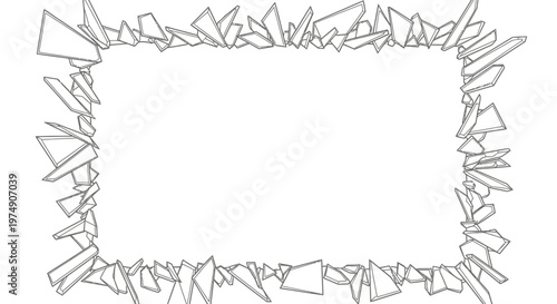 Rectangular Frame of Broken Glass Pieces, Shattered Border on Isolated White Background