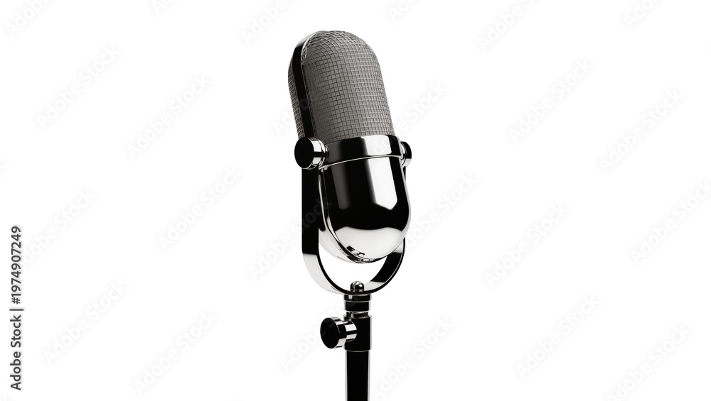 Fototapeta premium Isolated vintage studio microphone in gleaming chrome on a stand for broadcast and music