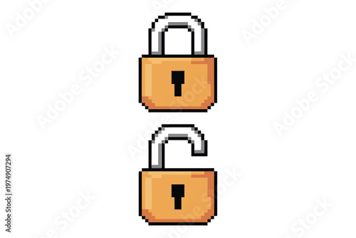 A pixelated illustration depicts two padlocks one locked and one unlocked against a white background