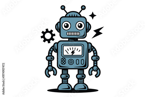 A charming blue robot character with a screen displaying energy gears and electrical sparks high quality
