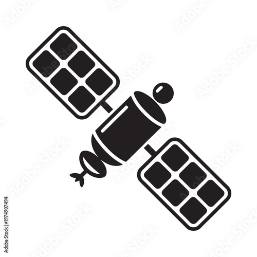 Simple black and white illustration of a satellite in outer space