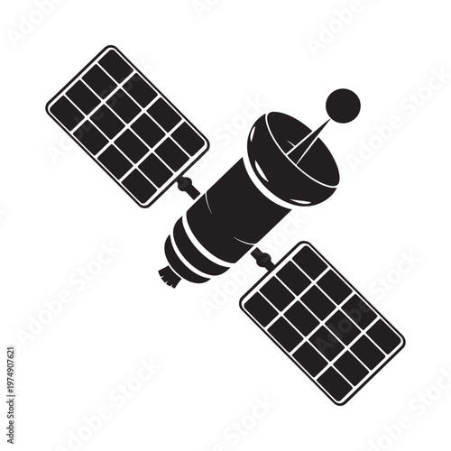 Black and white illustration of a satellite in outer space