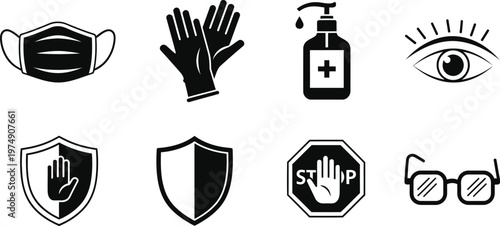 Medical Safety and Personal Protection Equipment Black Icon Set