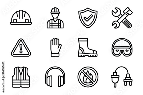 A collection of black and white line art icons representing various construction safety equipment and symbols