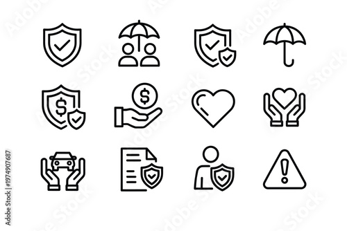 A collection of black and white line icons representing protection security and insurance concepts high quality