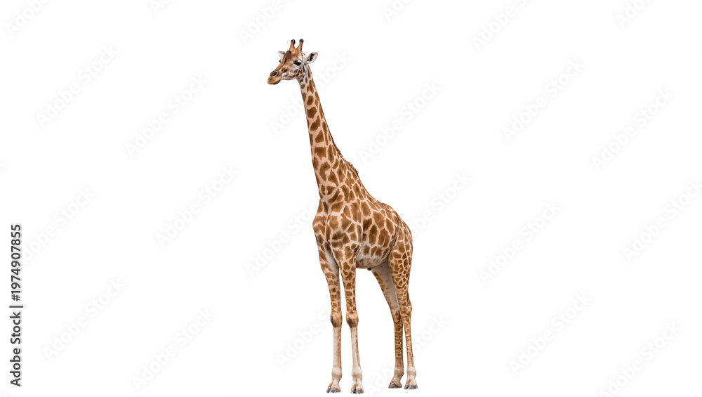 Obraz premium Isolated majestic full-grown giraffe standing tall, showing its long neck and spotted fur.