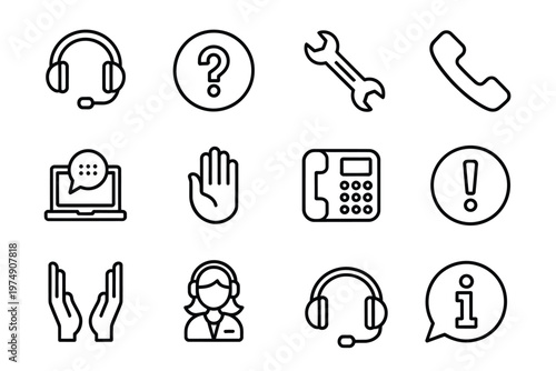 A collection of black and white line icons representing customer support help and communication services