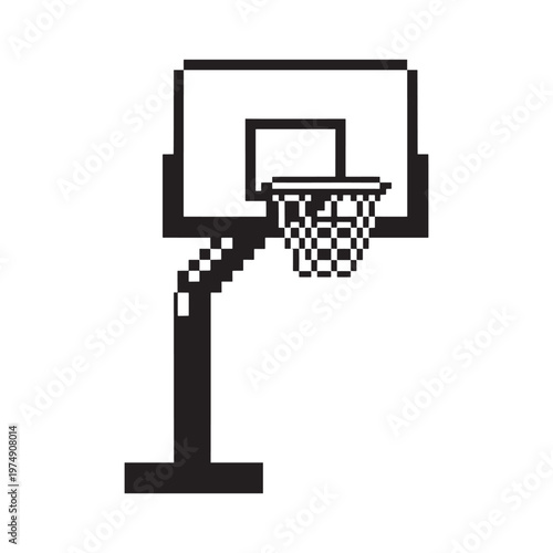 Pixelated black and white illustration of a basketball hoop and backboard