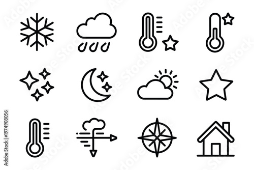 A collection of simple black and white line icons representing weather celestial bodies and navigation