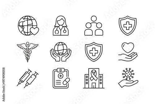 A collection of line art icons representing global health medical care and support services high quality