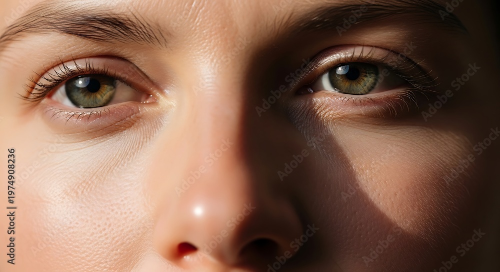 Fototapeta premium Extreme close up of human green eyes looking forward with natural light