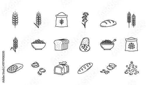 Grain and Cereals Line Icons Wheat Bread Flour Food Outline Vector Set
