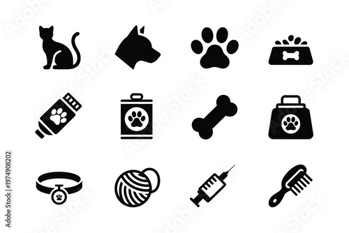 A collection of black silhouettes depicting various pet related items and animal representations high quality professional