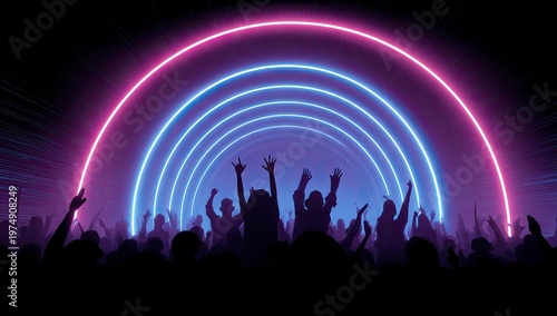 Crowd dancing under vibrant glowing neon concentric arches