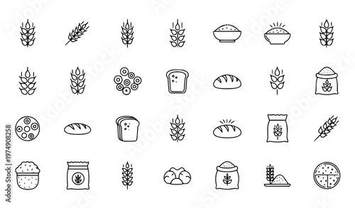 Cereals and Grain Thin Line Icons Wheat Bread Flour Food Vector Collection