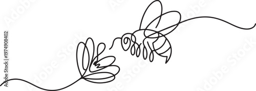 Continuous one line drawing of flaying bee and flower. One line draw graphic design vector