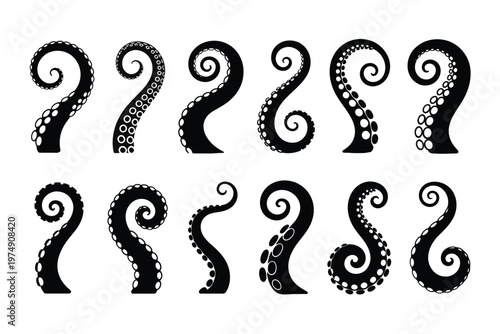 A collection of stylized octopus tentacles arranged in various swirling and curved poses high quality professional