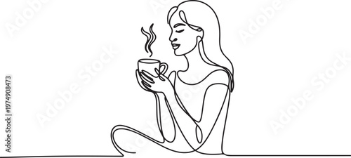 Serene morning ritual: Woman enjoying coffee. One line draw graphic design vector