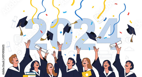 Graduates Celebrating with Confetti and Hats.