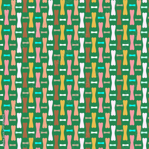 Colorful Seamless Dog Bone Pattern on Green Background. abstract geometric seamless pattern.