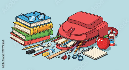 School supplies and books arrangement.