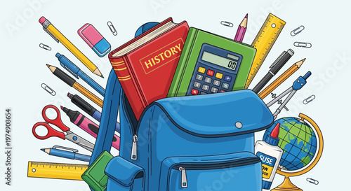 Blue Backpack with School Supplies.