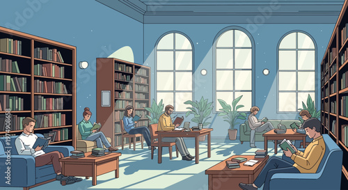 People sitting in library reading books.