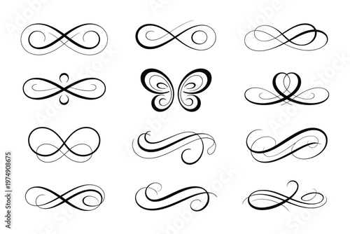 A collection of elegant black swirls flourishes and ornamental designs on a white background high quality