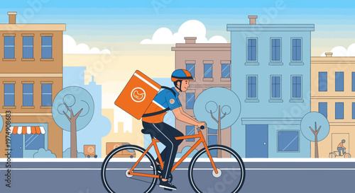 Delivery man riding bicycle fast.