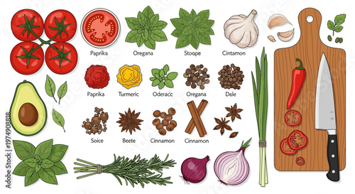 Variety of fresh herbs and spices.