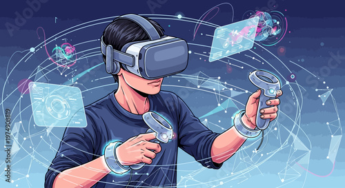 Man wearing virtual reality headset.