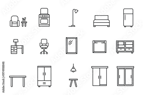 A collection of simple black and white line art icons representing various household furniture items