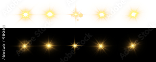 Glow light effect set, lens flare, explosion, glitter, line, sun flash, spark and star. Glowing light bursts with sparkles. lighting flare and white stars. Vector, Christmas.
