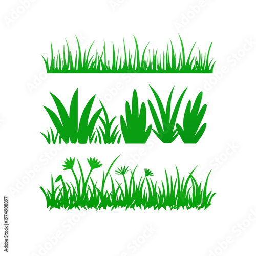 Green grass silhouette. Cartoon lines of plants and shrubs for boarding and framing, eco and organic logo element. Vector set spring field planting shapes lawn or borders garden on white background