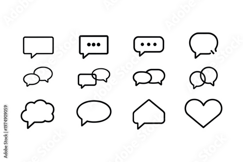 A collection of minimalist black line art speech bubbles and a heart shape on a white background