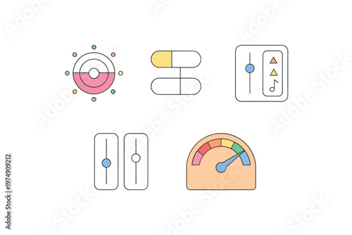 A collection of colorful flat design icons representing controls settings and monitoring displays high quality professional