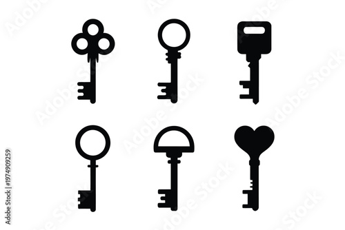 A collection of six distinct black silhouette keys and two additional keyhole shapes high quality professional