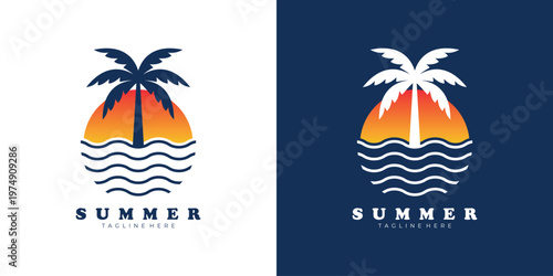Tropical palm tree summer logo with sunset and beach