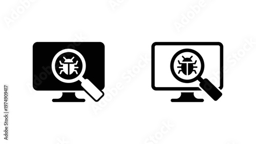 Software bug detection and malware scan vector icon set for professional computer system security analysis