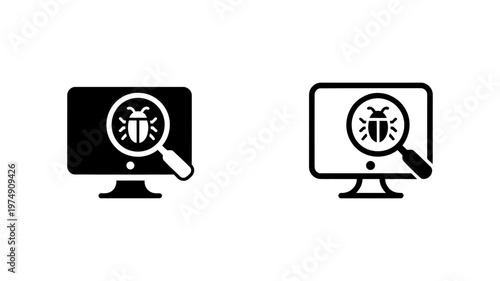 Computer virus scanning and software debugging vector icons for cybersecurity and technical support services