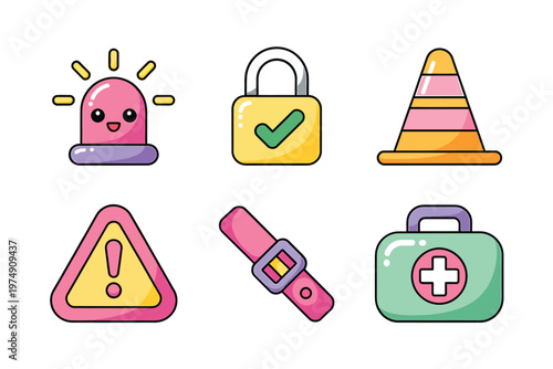 A collection of colorful cartoonish safety and warning icons including a siren lock and cone