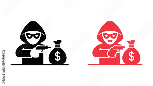 Armed robbery and criminal activity vector icon set depicting masked burglar with gun and money bag