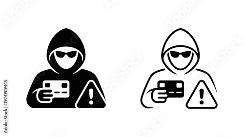 Credit card fraud and identity theft vector icon set featuring hooded hacker with warning alert sign