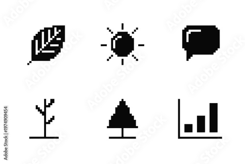 A collection of minimalist pixelated black icons depicting nature growth and communication high quality professional detailed