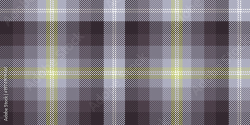 Seamless Scottish tartan pattern in grey and brown tones with vibrant lime green lines. Geometric plaid for cozy textile design and decor background