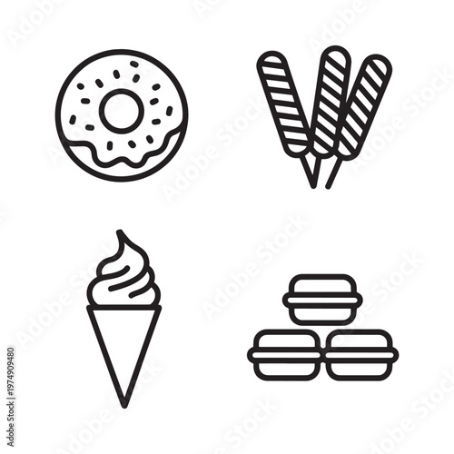 Simple line art illustration of various sweet and savory treats