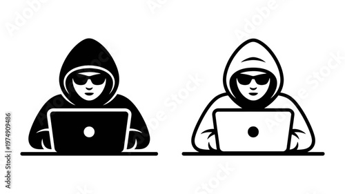 Anonymous hacker in hoodie and sunglasses using laptop computer vector set