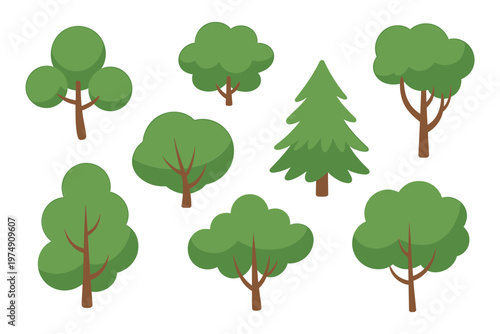 A collection of stylized cartoon trees in varying shapes and shades of green are illustrated
