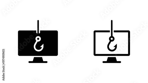 Computer phishing vector icons with fishing hook on monitor screen representing cyber security threat and fraud