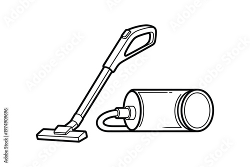 Illustration of a modern upright vacuum cleaner with a cylindrical canister, lying on its side, ready for household cleaning tasks.